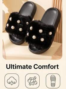 1 Pair Winter Girls Fashion Faux Pearl Style Home Slippers, EVA Ultra-Light Sole Design, Slip-On Home Slippers, Easy To Put On And Take Off - Black - View 5
