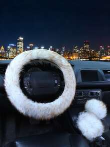 1set New Style Car Faux Wool Long Plush Steering Wheel Cover Handbrake Gear Shift Cover Decor 3pcs Set - Multicolor - View 15