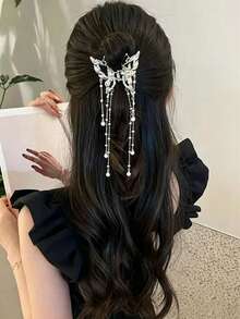 Fashion Butterfly Tassel Hair Clip, Hollow Butterfly Tassel Claw Clip Half-Up Hair Hair Claw, Elegant Faux Pearl Design - Chic Alloy Bow Hair Accessory, Suitable For Daily And Party Wear, Also A Great Gift Choice - Multicolor - View 2