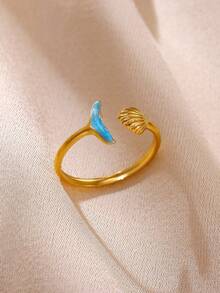 1件精緻貝殼魚尾戒指，女款風格，貝殼戒指，鯨魚尾戒指，18K鍍金不鏽鋼開口可調節戒指，夏季海灘度假風時尚配件 - 貝殼魚尾 - 查看 9