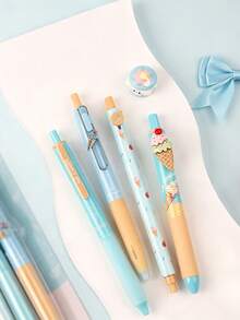 4pcs Cute Ice Cream Pattern Retractable Neutral Pens, 0.5mm ST Dual Ball Pen Tip, Quick-Drying Smooth Writing, Black Ink, Fresh Girly Style, Suitable For School Practice, Note-Taking And Office Signing - Gel Pen - View 8