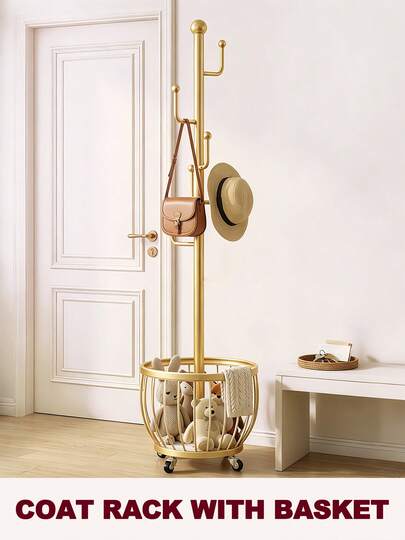 Gold Tree Coat Rack Stand With Clothes Basket, Sturdy Freestanding Coat Rack, Purse Rack Hat Rack Stand, Clothes Rack With Metal Frame, Bedroom Storage Organizeration, Home Decor, Morden Style, Coat Stand Fits Entryway Bedroom Office For Bags, Hats