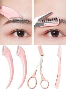 3pcs Women's Stainless Steel Eyebrow Comb & Scissors Set, Stainless Steel Curved Eyebrow Razor Set - Precise Design, Easy To Use, Durable Material, Suitable For Beginners, All Skin Types, Unisex, Can Be Used For Hair Removal, Makeup, Home Decor, Vanity, Travel, Bedroom And More. This Eyebrow Razor Set Is Affordably Priced, Making It An Ideal Gift For Women And A Great Choice For Christmas Gifts. - Multicolor - View 1