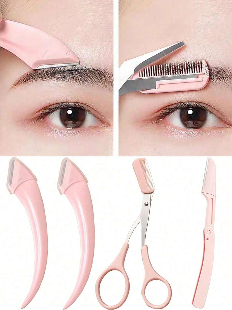 3pcs Women's Stainless Steel Eyebrow Comb & Scissors Set, Stainless Steel Curved Eyebrow Razor Set - Precise Design, Easy To Use, Durable Material, Suitable For Beginners, All Skin Types, Unisex, Can Be Used For Hair Removal, Makeup, Home Decor, Vanity, Travel, Bedroom And More. This Eyebrow Razor Set Is Affordably Priced, Making It An Ideal Gift For Women And A Great Choice For Christmas Gifts. - Multicolor - View 1