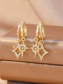 1pc Fashion Starry Rhinestone Stud Earrings For Women, Luxury Gold-Plated Full Rhinestone Star Hoop Earrings, Niche High-End Style, Suitable For Daily Wear, Holiday, Anniversary, Birthday Gift For Girlfriend - Gold - View 4