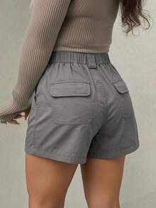 Casual Cargo Daily Women's Grey High Waist Cargo Shorts, Casual Solid Color Utility Mini Bottoms, Streetwear & Everyday Outfits - 銀色 - 查看 2