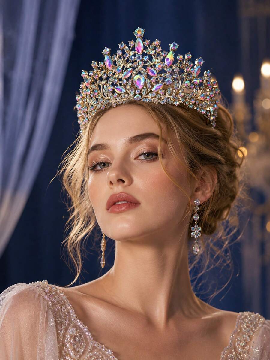 KOVLYNE 1Pc Luxury Gold Aurora Crystal Tiara Crown For Women, Iridescent Rhinestone Princess Headpiece For Wedding, Prom, Birthday & Pageant - Multicolor - View 1