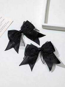 2pcs Dark Glittery Tulle Satin Bow Hair Clips, Sweet Cool Girl Side Alligator Hair Clips, Atmospheric Hair Accessory - Black - View 4