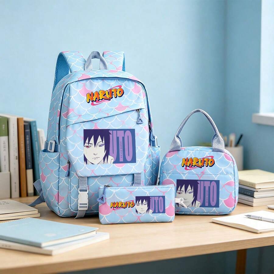 Miniso Naruto Sasuke Uchiha 3Pcs Canvas Backpack Set, Iconic Shinobi Print Student Bag Combo - Blue - View 1