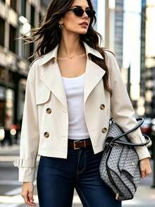 Women's Solid Double Breasted Trench Coat, Collared Long Sleeve Short Jacket For Fashion Daily, Casual, Commute, Spring Fall Winter Essential - Apricot - View 11