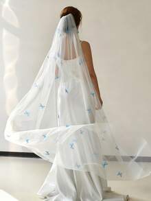 1pc Blue Butterfly White Long Bridal Veil With Hair Comb, Suitable For Church Wedding, Wedding Photography Accessory - White - View 3