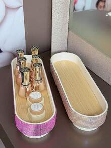 Luxuriöses ovales Tablett mit funkelnden Strasssteinen als Hautpflege-Aufbewahrungsbox, mit Strass besetztes Tischorganizer-Tablett, mit Strass verziertes Kosmetik-Aufbewahrungstablett, robustes wasserdichtes Make-up-Präsentationstablett, geeignet für Schminktisch und Badezimmerschrank - Verschiedenfarbig - Übersicht 5