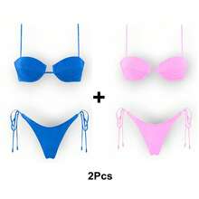 Women's Glossy String Bikini Set Soild Swimsuit Women's Fashion Bikini Green Halter Sport Swimsuit Beach Vacation Low Cut Shiny - 藍+粉 - 查看 9