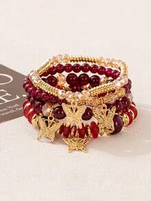 4 piezas/Set Pulsera de cuerda elástica con cuentas y colgante de mariposa de aleación estilo bohemio multicapa Temporada de regreso a la escuela - Multicolor - Ver 15