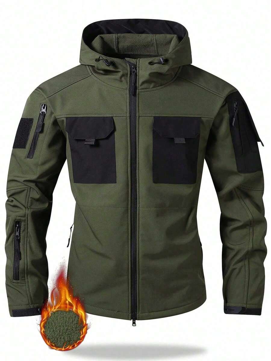 Men's Multi-Pocket Jacket, Polyester Outerwear, With Zipper Pockets And Adjustable Cuffs, Suitable For Outdoor Use Sports - Army Green - View 1