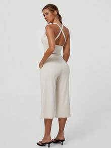 TimeOff Women's One Set Solid Color V-Neck Cropped Tank Top With Side Pockets And Pleated Waist Wide Leg Mid-Length Pants Sports Set - Apricot - View 3