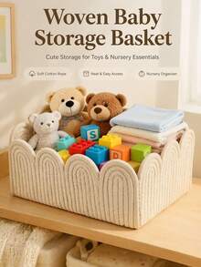 A Rectangular Woven Storage Basket With Wavy Arched Lace Trim, Featuring Soft, Rounded Edges To Protect Baby Items. Ideal For Organizing And Storing Baby Diapers, Wipes, Bottles, And Changing Table Supplies. - Multicolor - View 8