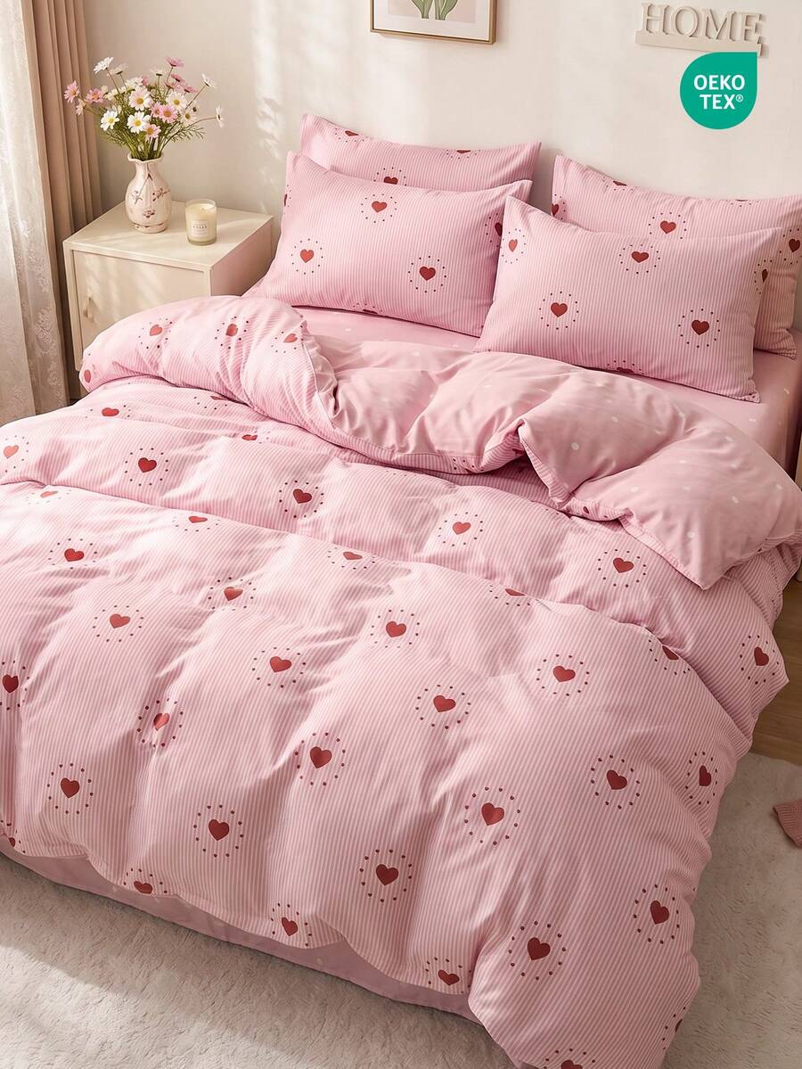 Juego de ropa de cama de 2/3 piezas, estampado de corazones rosas, juego de funda nórdica, decoración acogedora para la habitación, agradable al tacto y transpirable, suave y anti-pilling, funda nórdica y funda de almohada, relleno de edredón no incluido, adecuado para cama doble/full/queen/king, todas las estaciones, textiles para el hogar, lavable a máquina, certificado OEKO-TEX - Multicolor - Ver 1