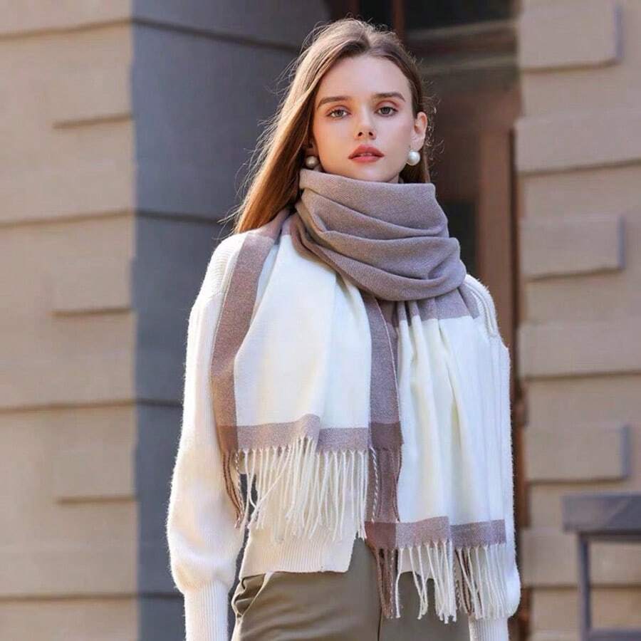 2025 New Women's Checkered Scarf 250g Warm Thick Pashmina Shawl Ercharpe Checkered With Fringe Gift - 卡其色 - 查看 1