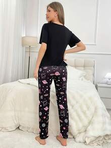 Black Cartoon Print Short Sleeve Top And Pants 2 Pieces Pajama Set Women's Loungewear - Black - View 3
