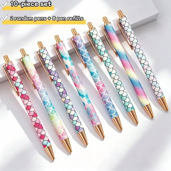 10-Piece Set Gradient Scale Pattern Ballpoint Pen (2 Random Pens + 8 Refills) Glittery Sparkling Pen, Suitable For Women, High-End Gift Writing Pen, Fashionable Writing, Premium Appearance, High-Quality Material, Luxurious, Exquisite Office And Study Supplies, Back To School Season, Beautiful And Affordable Stationery