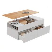 Coffee Table 100 X 50 X 40 Cm, Height-Adjustable Coffee Table With Concealed Storage, Living Room Table With 2 Drawers, Side Table With Semi-Open Storage, White And Wood Bedside Table. - White - View 6