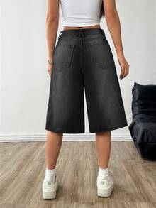 Women's Loose Fit Pocketed Wide Leg Knee Length Jeans Summer Casual Black - Black - View 3