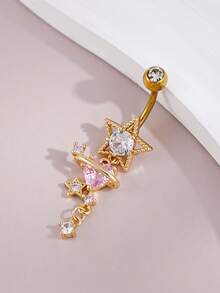 1pc Pink Heart Zirconia Planet Pattern Pierced Belly Button Ring, Delicate And Sexy, Suitable For Women's Daily Wear, Dating, Party And Gathering - Yellow Gold - View 6
