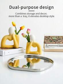現代簡約奢華金/銀鏡面托盤，適用於居家珠寶、香氛、裝飾品、化妝品、花瓶、咖啡桌及浴室 - 銀色 - 查看 5