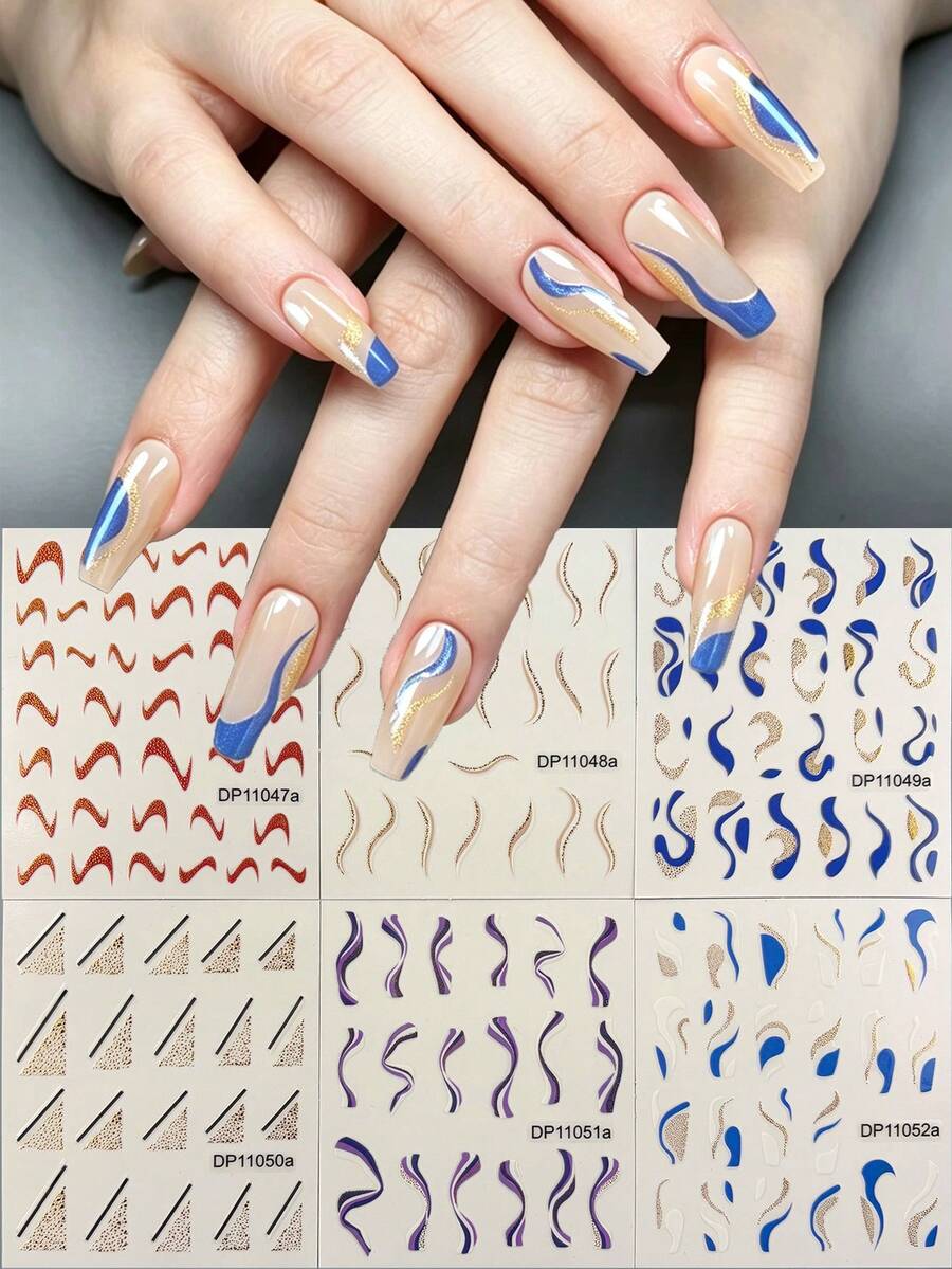 Tiebeauty 6件組亮片金屬曲線美甲貼紙，平滑動態線條，適用於自然指甲與全包甲片，無需手繪，適合日常通勤、約會、度假等場合