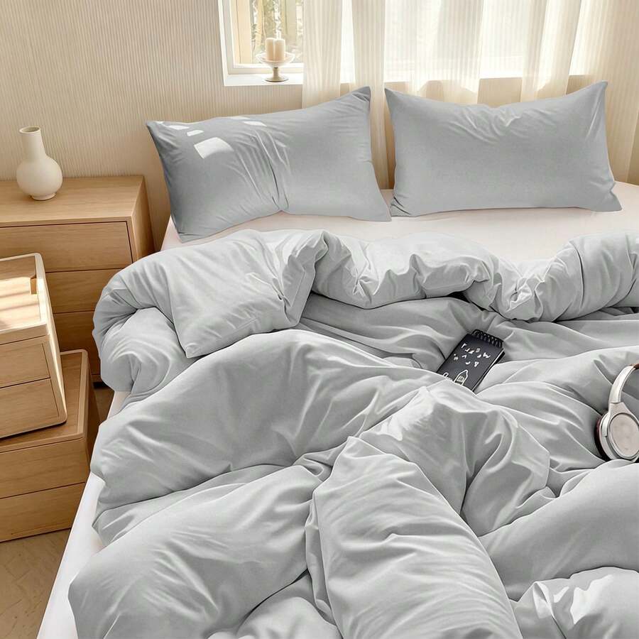 2/3pcs Soft Duvet Cover Set, Include1 Duvet Cover(Without Filler) + 1/2 Pillowshams(No Pillow Core),Lightweight And Breathable,Perfect For Summer And All Seasons,Excellent Room Decor,Perfect Holiday/Festival/Summer Gift,Twin-2pcs,Full/Queen/King-3pcs - Grey - View 1