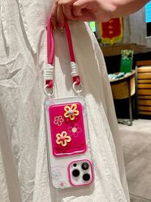 SANRIO 粉色掛繩卡套手機殼、粉色花卉卡套手機殼、彩色 3D 花朵掛繩卡套手機殼，適用於 Apple 16 Pro Max/15 Pro Max、New 11、12、Creative 12、11 防震、14 Pro/13 保護殼，適用於 iPhone 17 Pro Max/17/Pro/17 Plus/17，夏日風格，春季禮物，派對，媽媽 - 玫紅花朵 - 查看 4