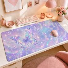 1pc Holographic Butterfly Halo Large Mouse Pad, Purple & Blue Aesthetic Desk Mat, Suitable For Teenage Girls, Smooth Non-Slip Extended Keyboard Pad, Applicable For Gaming, Laptop, Vanity, Dorm Desk Decoration, Birthday Gift, Makeup Table - View 1