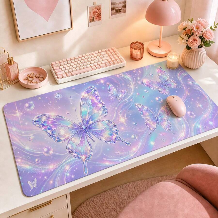 1pc Holographic Butterfly Halo Large Mouse Pad, Purple & Blue Aesthetic Desk Mat, Suitable For Teenage Girls, Smooth Non-Slip Extended Keyboard Pad, Applicable For Gaming, Laptop, Vanity, Dorm Desk Decoration, Birthday Gift, Makeup Table - View 1