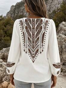 Women's Bohemian Print V-Neck Long Sleeve Blouse, Regular Fit Woven Fabric Top, Suitable For Autumn Wear - White - View 2