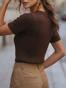 Atasan Pullover Rajut Leher Bulat Kasual Wanita, Elegan untuk Berpergian, Gaya Jalanan, dan Sekolah, Musim Semi/Panas - Coklat - View 2