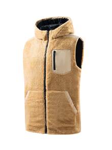 Rompi Kasual Termal Berkerudung Pria Musim Gugur/Dingin dengan Lapisan Termal, Jaket Kerah Tegak dengan Bukaan Depan - Khaki - View 2