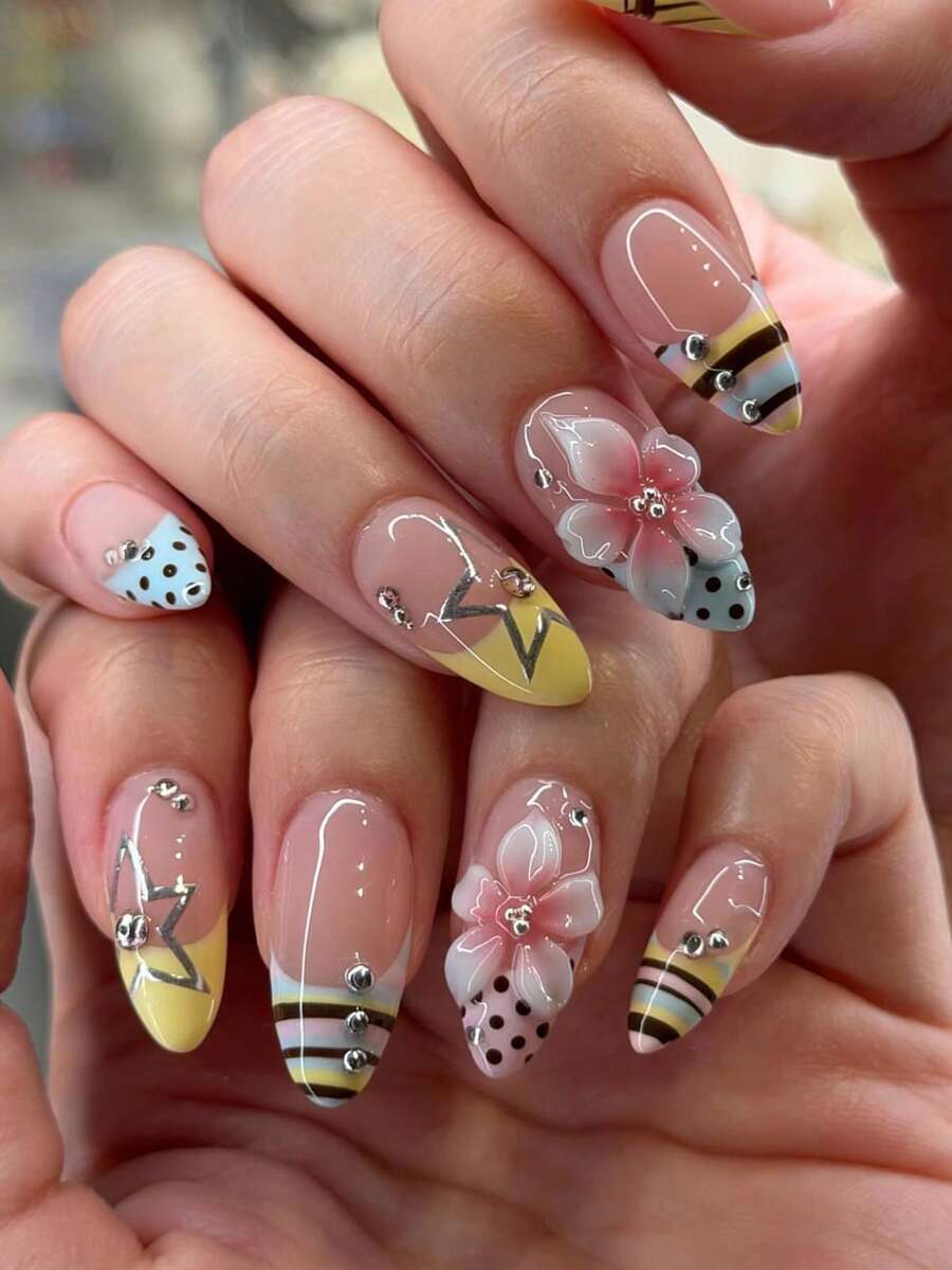 24pcs Long Almond French Press-On Fake Nails, 3D Gel Flower, Polka Dot, Stripe, Star Pattern, Rhinestone Decor, Acrylic Fake Nail Set, Includes: 1pc Jelly Glue And 1pc Nail File - Multicolor - View 1