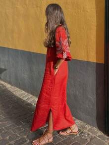 New Elegant V-Neck Lantern Sleeve Loose Dress With Embroidery, Suitable For Beach, Vacation, Home, Formal Events, Back To School, Party Red - Red - View 2