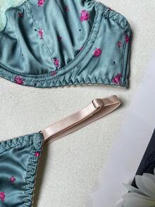 Women's Satin Floral Print Bra And Thong Set, Lace Trim 2-Piece Lingerie Set - Dusty Blue - View 7