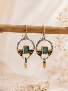 1 Pair Vintage Dual-Tone Gold & Silver Geometric Open Hoop Pendant Earrings, Inlaid Rectangular Green Rhinestone Long Hook Earrings, Bohemian Vintage Statement Jewelry, Suitable For Daily Wear, Party, Gift - Multicolor - View 4