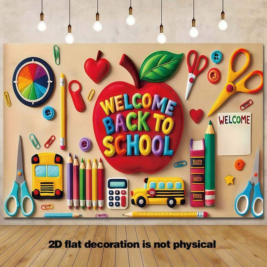 1件開學季橫幅，紅色蘋果搭配彩色3D文字「Welcome Back To School」，卡通文具設計，適合教室裝飾、開學主題會議等場合