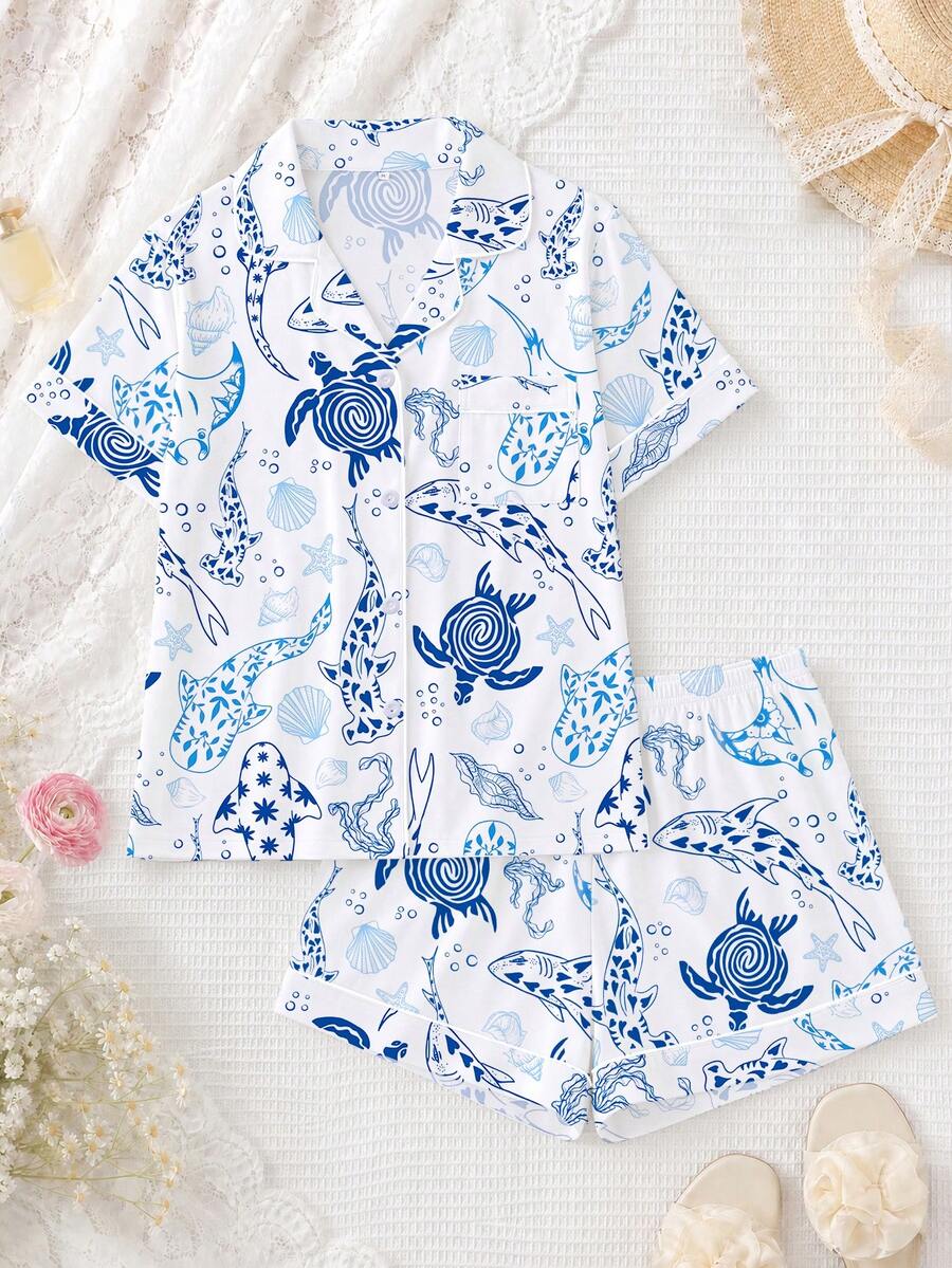 2pcs/Set Women's Pajama Set, Marine Life Print, Women's Loungewear, Spring/Summer Holiday Outfit, Short Sleeve Lapel Top And Shorts, Can Be Worn As Outerwear - Multicolor - View 1