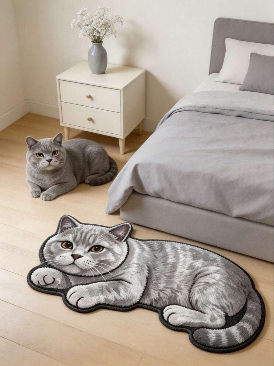 1pc Grey Cat Pattern Floor Mat, Living Room Rug, Area Rug, Small Area Rug, Cushion, Home Decor, Large Living Room Rug, Round Rug, Living Room Home Decor, Room Decor, Washable Rug, Graduation Season Gift - Gray Cat - View 1