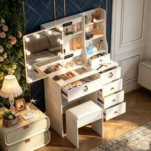 Makeup Vanity Table And Stool Set With LED Sliding Mirror, Drawers, Shelves - Makeup Dressing Table With Mirror And Stool, Makeup DeskVanity Dressing Table Drawers And Stool Set Desk With LED Lights Mirror - White - View 2