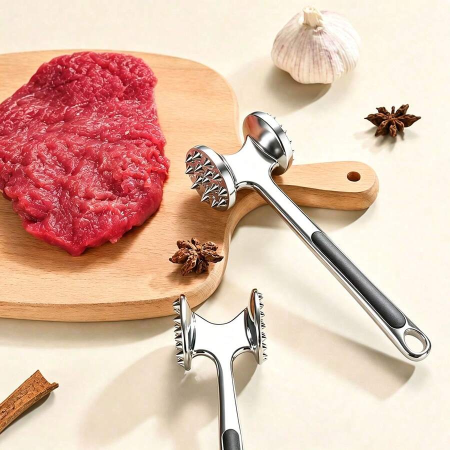 1個不鏽鋼雙面肉類嫩化器,家用牛排錘,廚房肉類敲錘,用於嫩化和破碎肉類纖維 - 彩色 - 查看 1