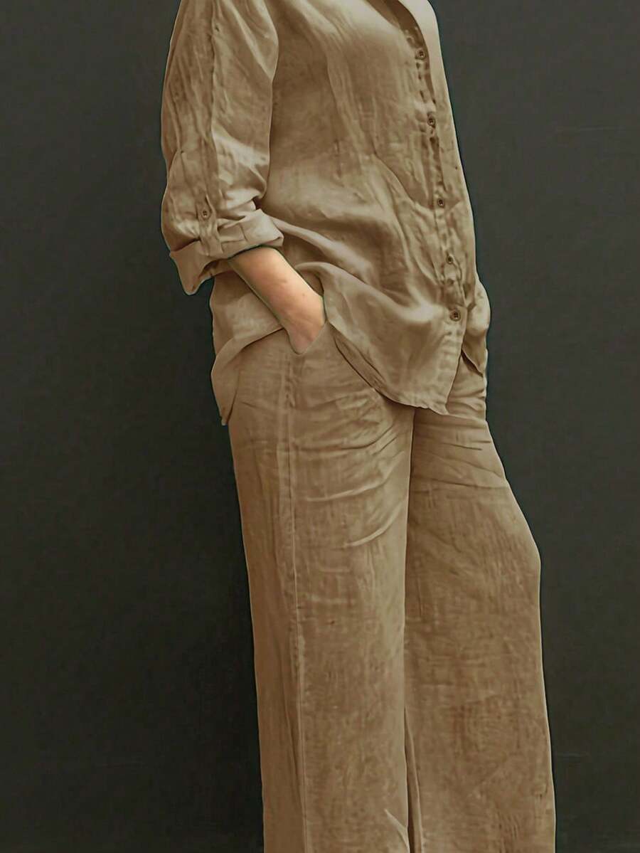 Slim-Fit Polo Collar Casual Cardigan, Versatile Solid-Color Stylish Shirt For The Beach, Everyday Wear, Work, Soft And Comfortable Fabric; Loose-Fitting Elastic-Waist Pants - 全穀類咖啡 - 查看 1