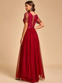 Women's Mesh Patchwork Pleated Elegant Cinched Waist Evening Bridesmaid Dress - Burgundy - View 5