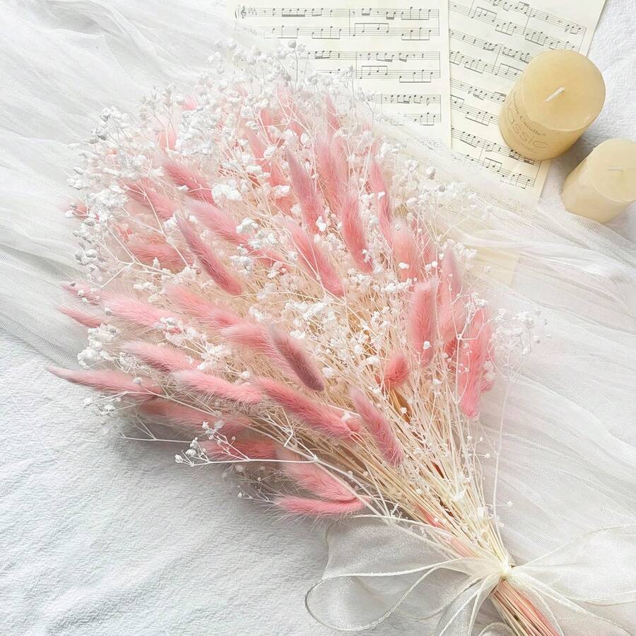 66pcs Bohemian Style Artificial Flower Bouquet, Fluffy Faux Reed Rabbit Tail Grass With Baby's Breath, Home, Camping, Wedding, Farmhouse And Christmas Decoration.--Pink - Pink - View 1