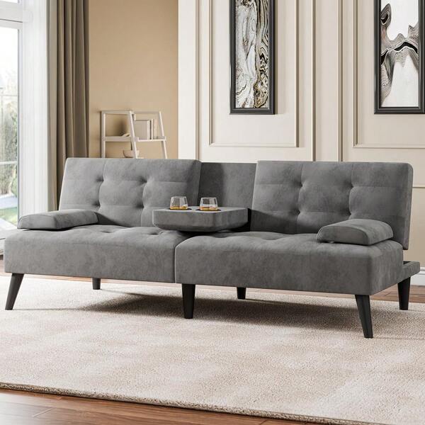64" Futon Sofa Bed, Small Loveseat With 2 Cup Holders, Small Couch With 3 Adjustable Angles & Removable Armrest, Modern Sleeper Sofa For Small Space (PU Leather, Black)